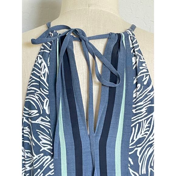 LOFT Blue White Palm Print Center Stripe - Picture 4 of 7